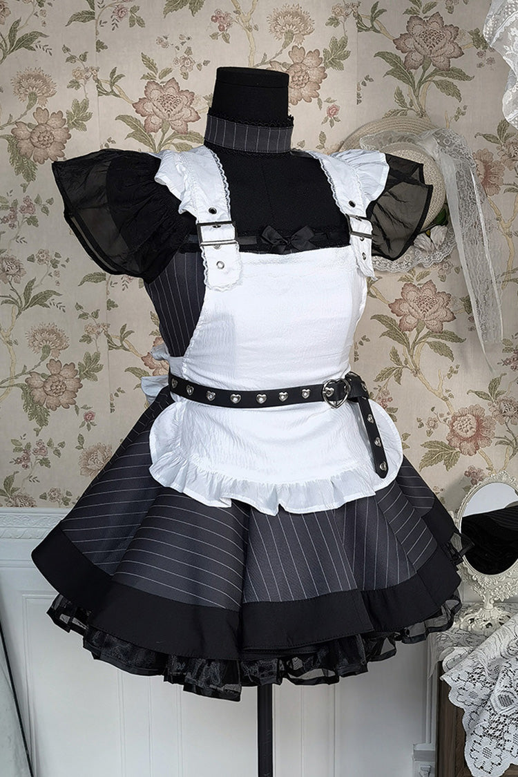 Grey Stripe Print Ruffle Bowknot Gothic Japanese Maid Lolita Dress