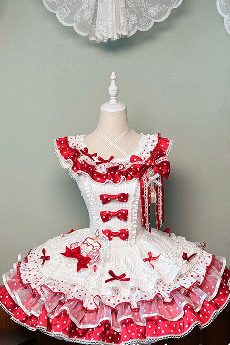 Red/White Twin Bears Sleeveless Triple-Layered Print Ruffle Bowknot Lace Sweet Lolita Jsk Dress