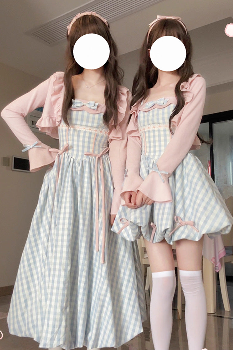 Blue Sea Salt Strawberries Sleeveless Plaid Print Bowknot Sweet Lolita Jsk Long Dress