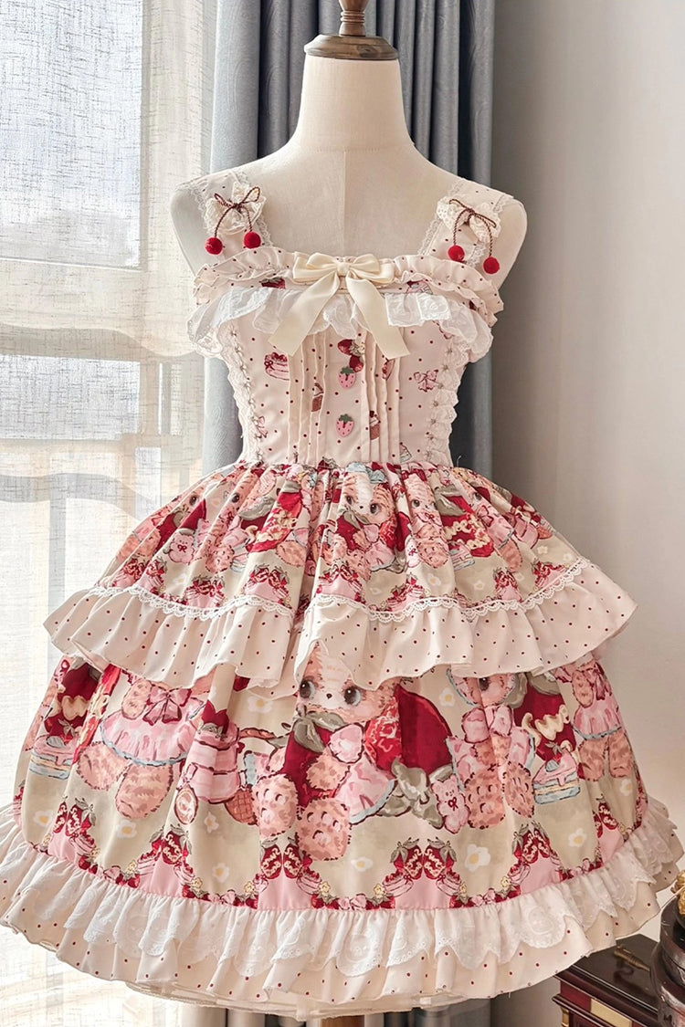 Ivory Strawberry Bear Sleeveless Double-Layered Print Ruffle Bowknot Sweet Princess Lolita Jsk Dress