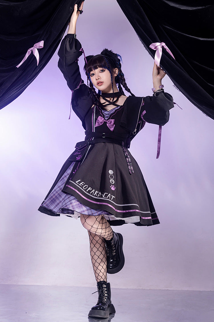 Black/Purple Cat Paw Print Bowknot Gothic Lolita Jsk Dress Set