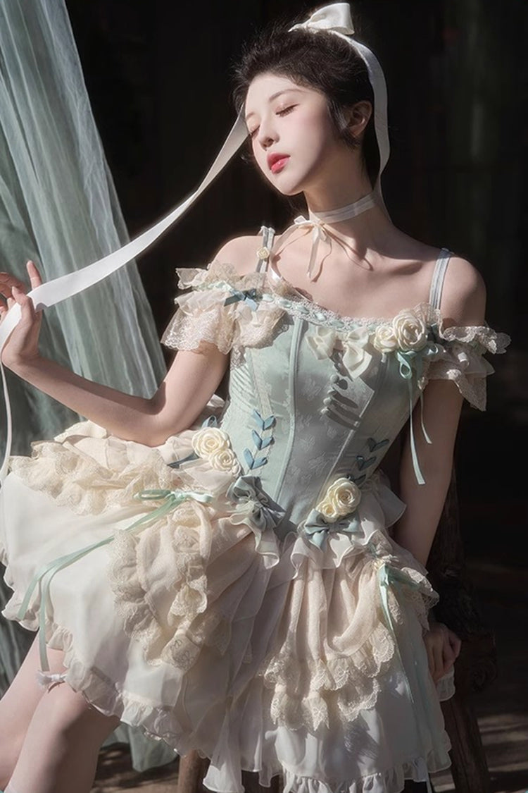Light Green Off Shoulder Ruffle Bowknot Lace Sweet Elegant Princess Ballet Lolita Tiered Dress