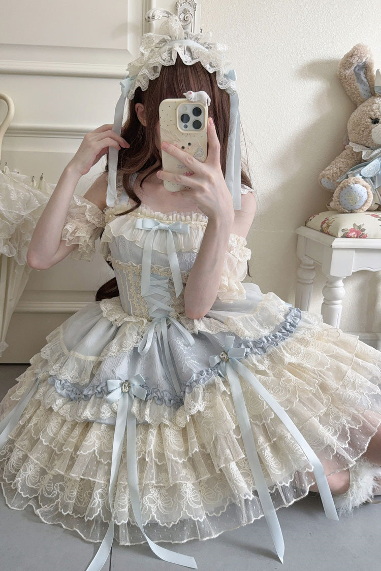 Blue Ribbon Heart Love Sleeveless Multi-Layered Ruffle Bowknot Lace Lace-Up Sweet Princess Ballet Lolita Jsk Dress