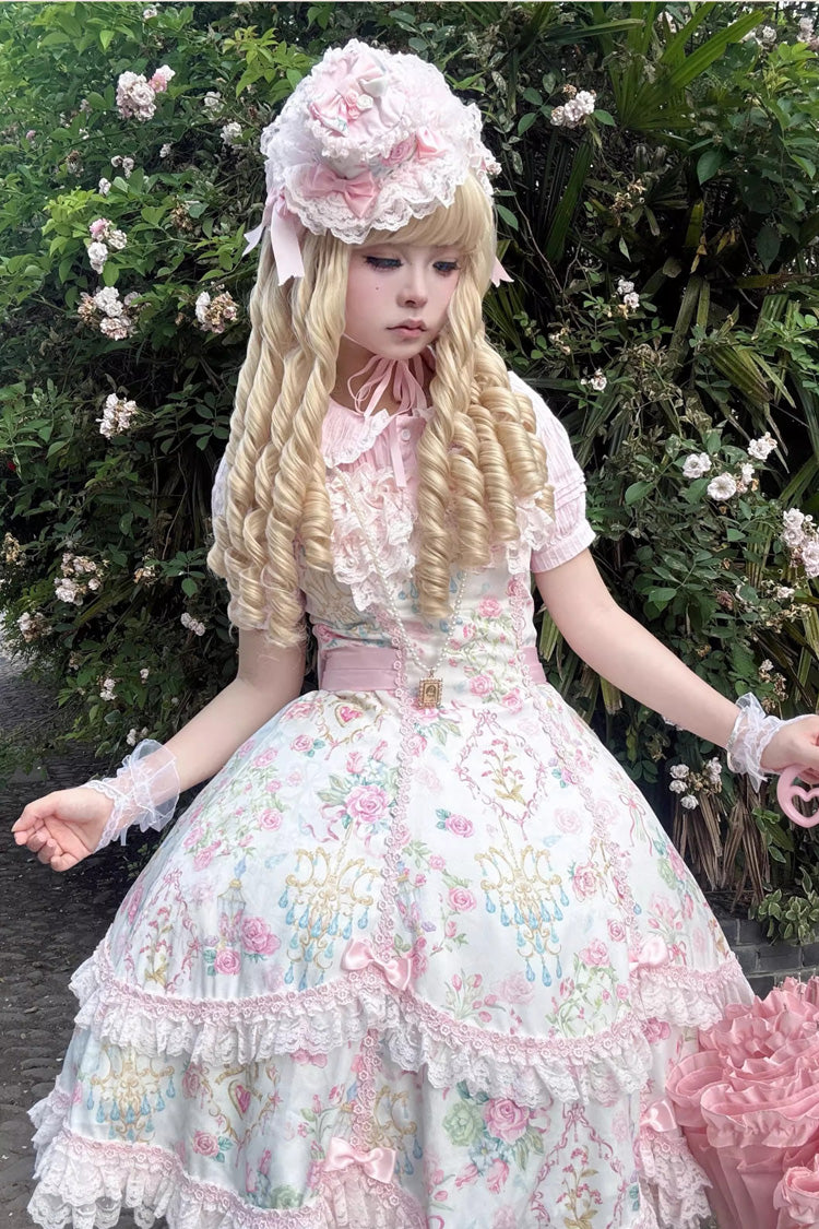 White/Pink Sleeveless Flower Wall Print Ruffle Bowknot Lace Sweet Lolita Jsk Dress