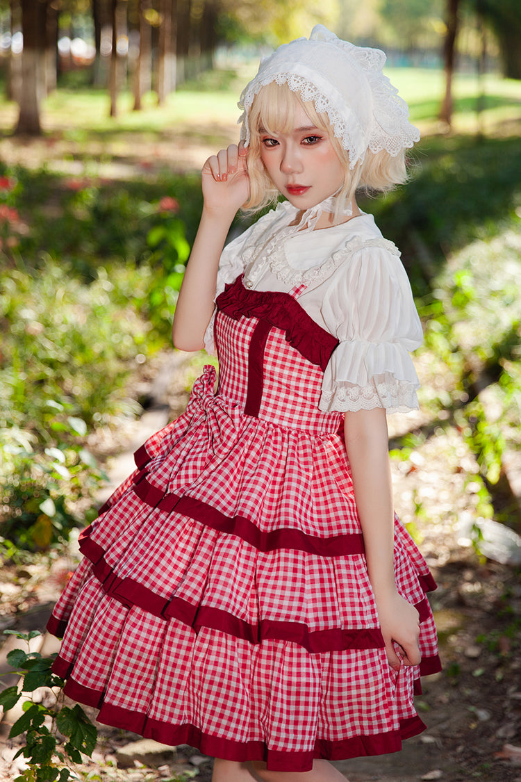 Red Cloth Cat Triple-Layered Plaid Print Ruffle Bowknot Sweet Lolita Dress