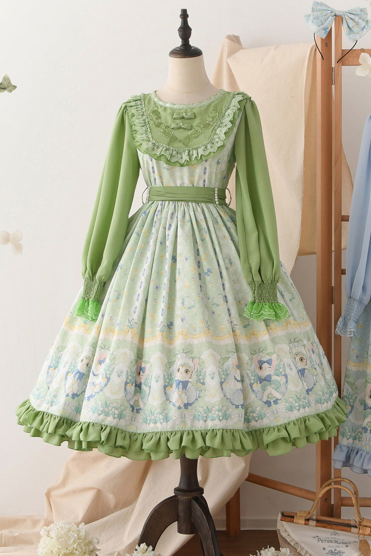Green Lily of the Valley Cat Print Ruffle Embroidery Bowknot Sweet Lolita Dress