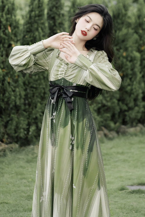 Green French Oil Painting Square Collar Long Sleeves High Waisted Long Sweet Lolita OP Dress
