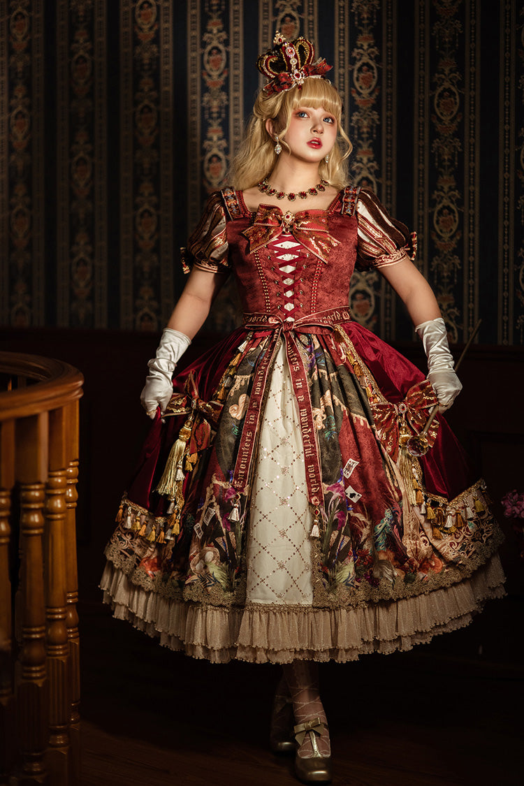 Red Kaleidoscope of Dreams Double-Layered Print Embroidery Bowknot Lace-Up Classic Vintage Gorgeous Lolita Dress