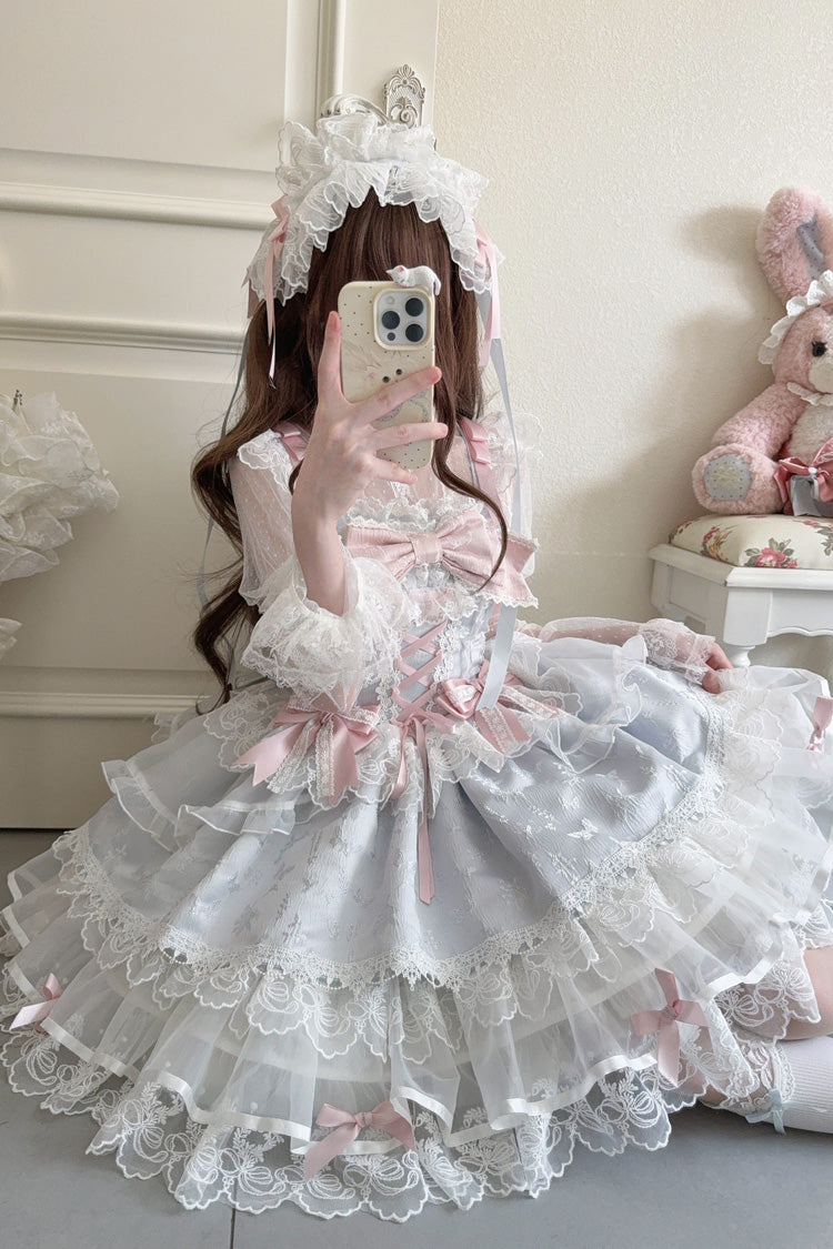 Blue Fleishi Island Sleeveless Ruffle Bowknot Lace Slim Sweet Ballet Lolita Jsk Dress