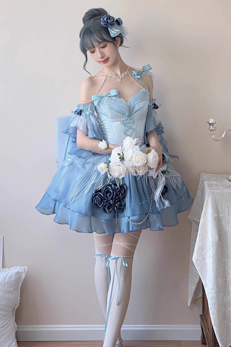 Sky Blue Swan Wonderland Embroidery Bowknot Lace-Up Sweet Ballet Lolita Jsk Dress Short Version