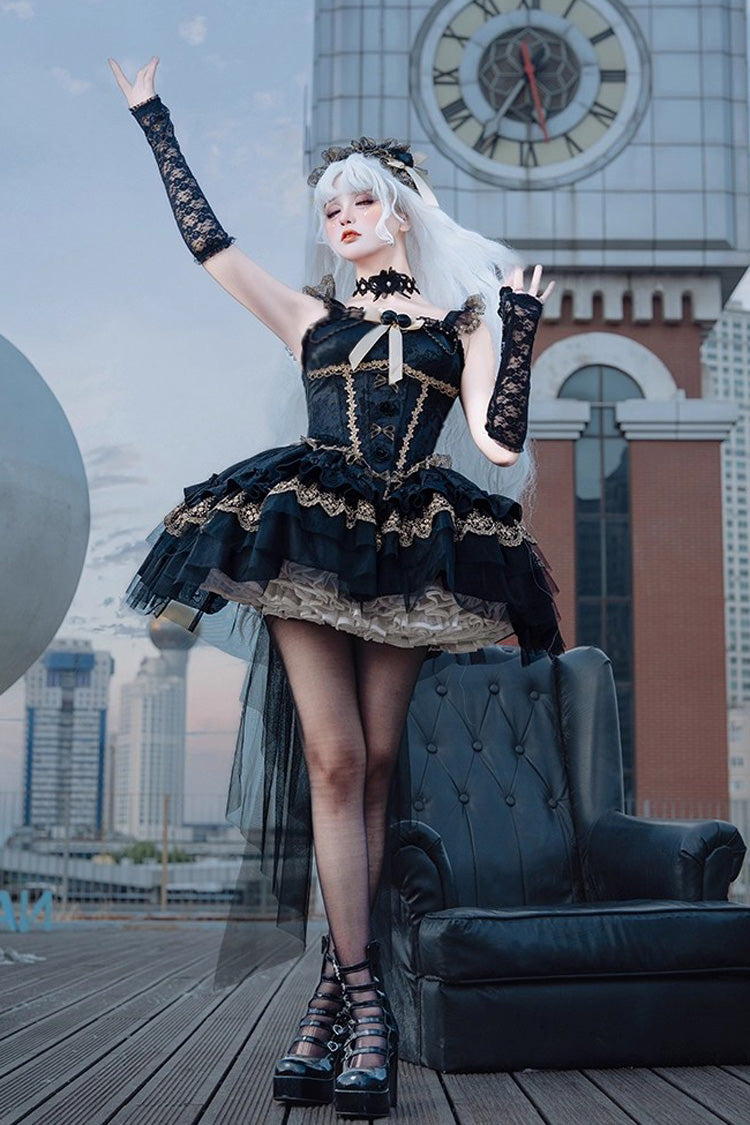Black Fleeting Light and Shallow Dream Sleeveless Multi-Layered Ruffle Bowknot Lace Slim Gothic Ballet Lolita Jsk Dress