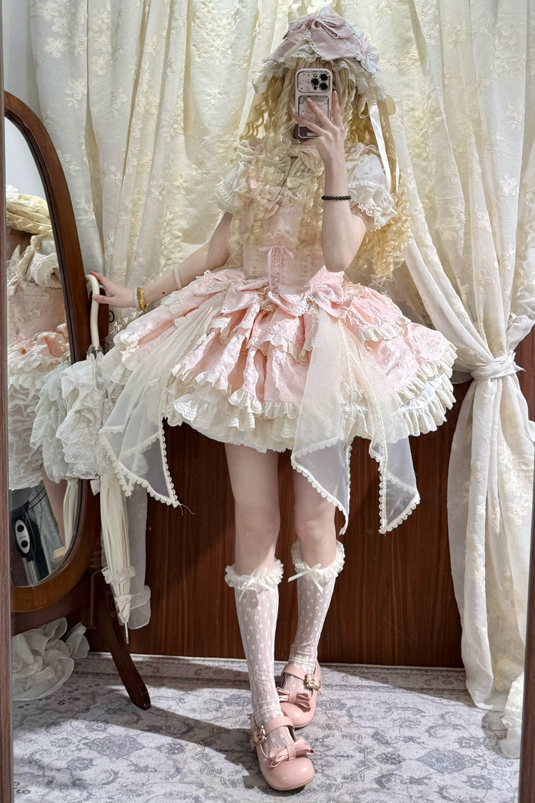 Pink Sleeveless Multi-Layered Ruffled Bow Sweet Princess Ballet Lolita Jsk Dress