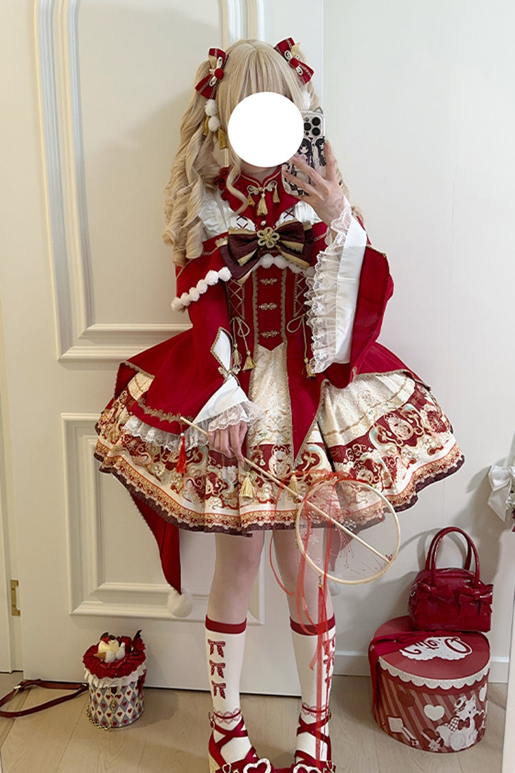 Red New Year Print Ruffle Bowknot Lace-Up Sweet Chinese Style Lolita Jsk Dress