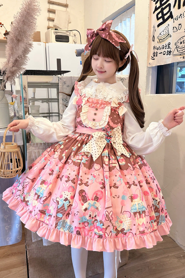 Pink Bunny Tea Party Sleeveless Print Ruffle Bowknot Daily Sweet Lolita Jsk Dress