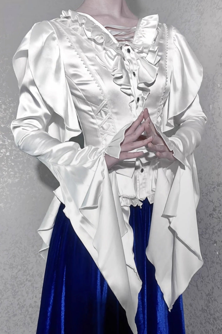 Echoes of the Deep Sea Long Hime Sleeves Ruffled Bow Lace-Up Gothic Ouji Lolita Blouse 4 Colors