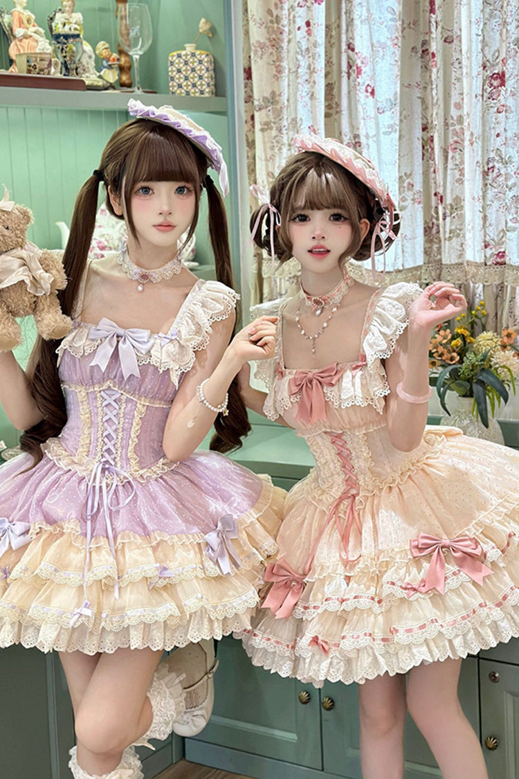 Apricot Flory Butterfly Double-Layered Ruffle Bowknot Lace Lace-Up Sweet Ballet Lolita Jsk Dress