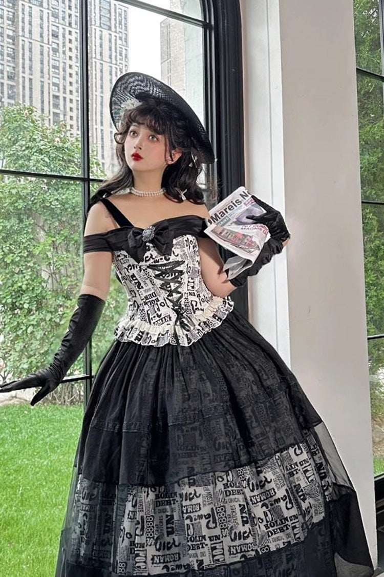 Black Pin-Up Girl Boat Neck Printed Ruffled Bow Lace-Up Asymmetric Gothic Elegant Lolita Skirt Set