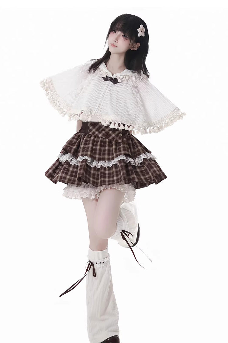 Brown Warm Summer Days Double-Layered Printed Ruffled Spliced Lace Sweet Lolita Skirt