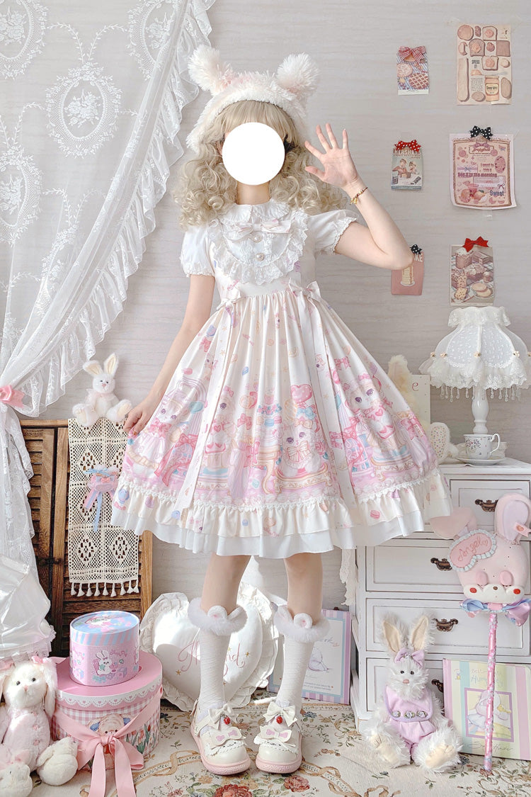Ivory Cute Cat Print High Waisted Ruffle Bowknot Sweet Princess Lolita JSK Dress