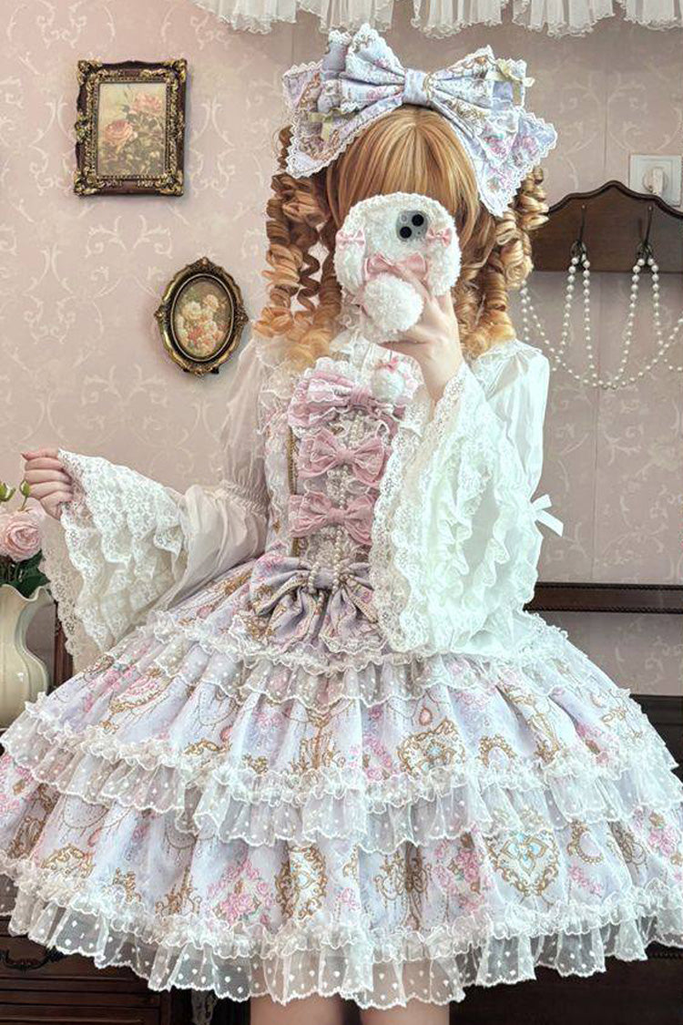 Purple Candelabrum Elegy Sleeveless Triple-Layered Flower Wall Printed Ruffled Bow Lace Sweet Lolita Jsk Dress