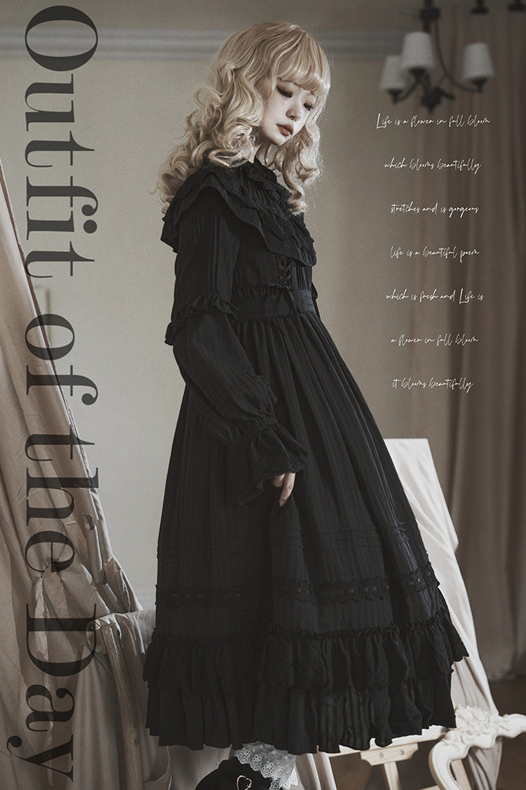 Black Good Night Long Sleeves Double-Layered Ruffle Bowknot Lace-Up Holy Gothic Lolita Dress