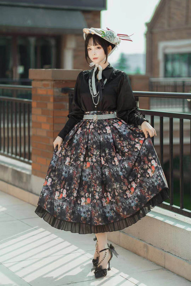 Black Afternoon Tea Floral Printed Ruffled Gothic Lolita Skirt