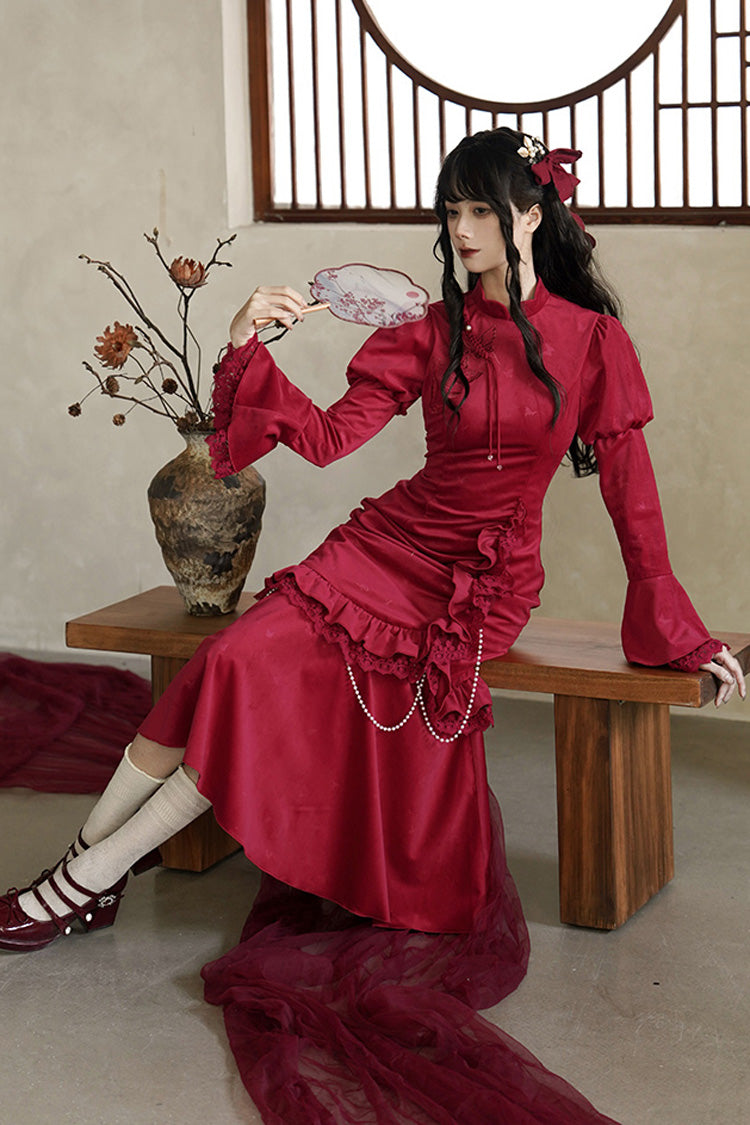 Red Long Sleeves Ruffle Embroidery Bowknot Lace Classic Chinese Style Elegant Lolita Dress