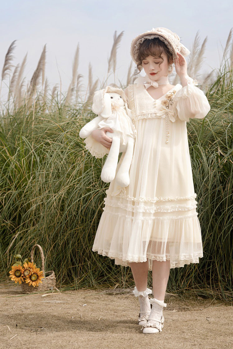 Ivory Sunflower Diary Long Sleeves Ruffle Embroidery Bowknot Lace Chiffon Sweet Princess Lolita Dress
