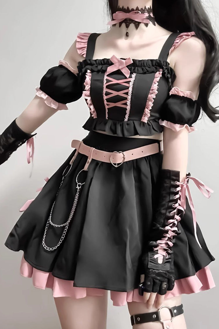 Black/Pink Tie Bow Gothic Sweet Lolita Strapless Skirt Dress 2 Pieces Set