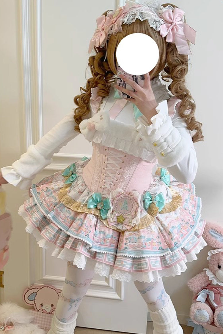 Pink Candy House Multi-Layered Print Ruffle Bowknot Lace-Up Sweet Ballet Lolita Jsk Dress