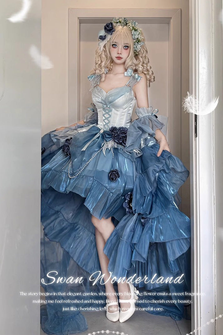 Sky Blue Swan Wonderland Embroidery Bowknot Lace-Up Short Front Long Back Irregular Sweet Ballet Lolita Jsk Dress