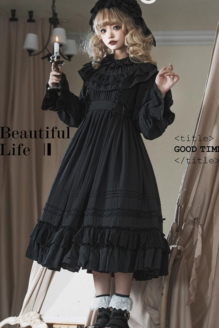 Black Good Night Long Sleeves Double-Layered Ruffle Bowknot Lace-Up Holy Gothic Lolita Dress