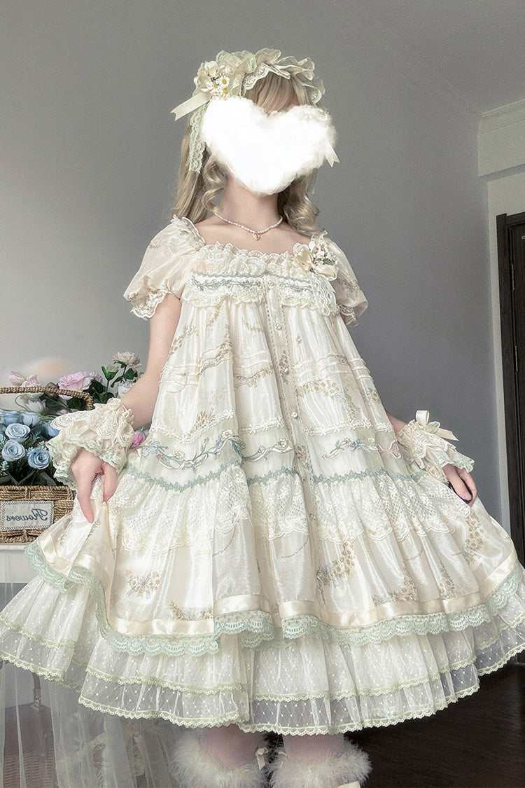 Multi-Color Daisy Poetry Print Ruffle Hollow Embroidery Lace Sweet Elegant Princess Lolita Dress