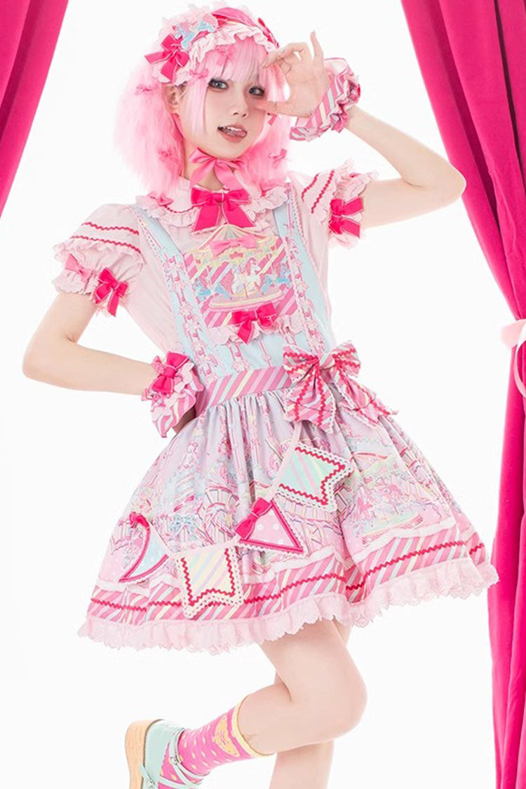 Candy Park Print Ruffle Bowknot Sweet Lolita Strap Dress 2 Colors