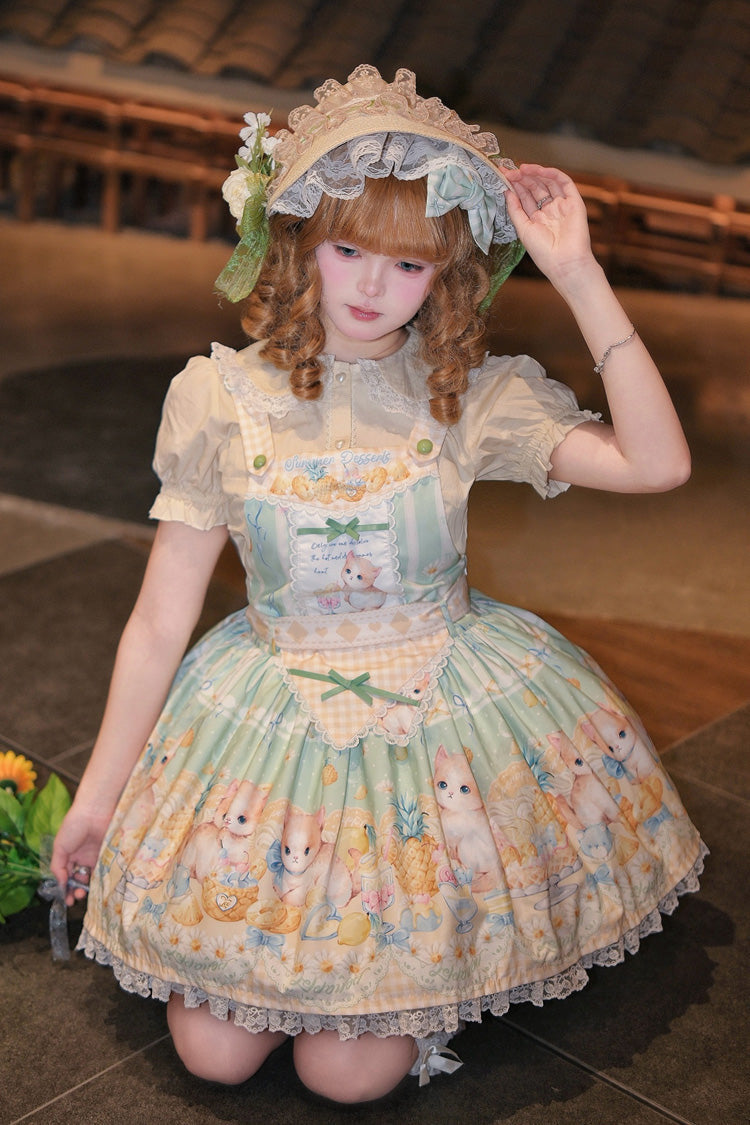 Green Pineapple Cat Print Sleeveless Bowknot Lace Sweet Lolita Strap Dress
