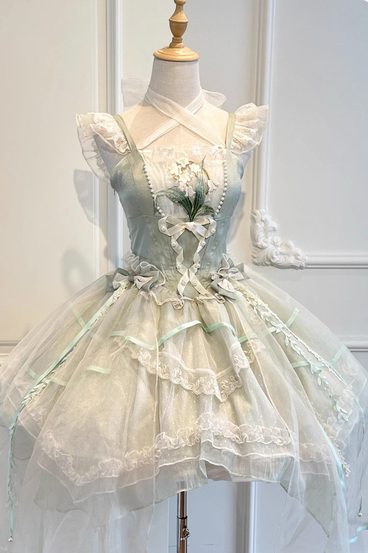 Green Lily of the Valley Summer Polka Dot Print Ruffle Bowknot Lace-Up Sweet Princess Lolita Jsk Dress