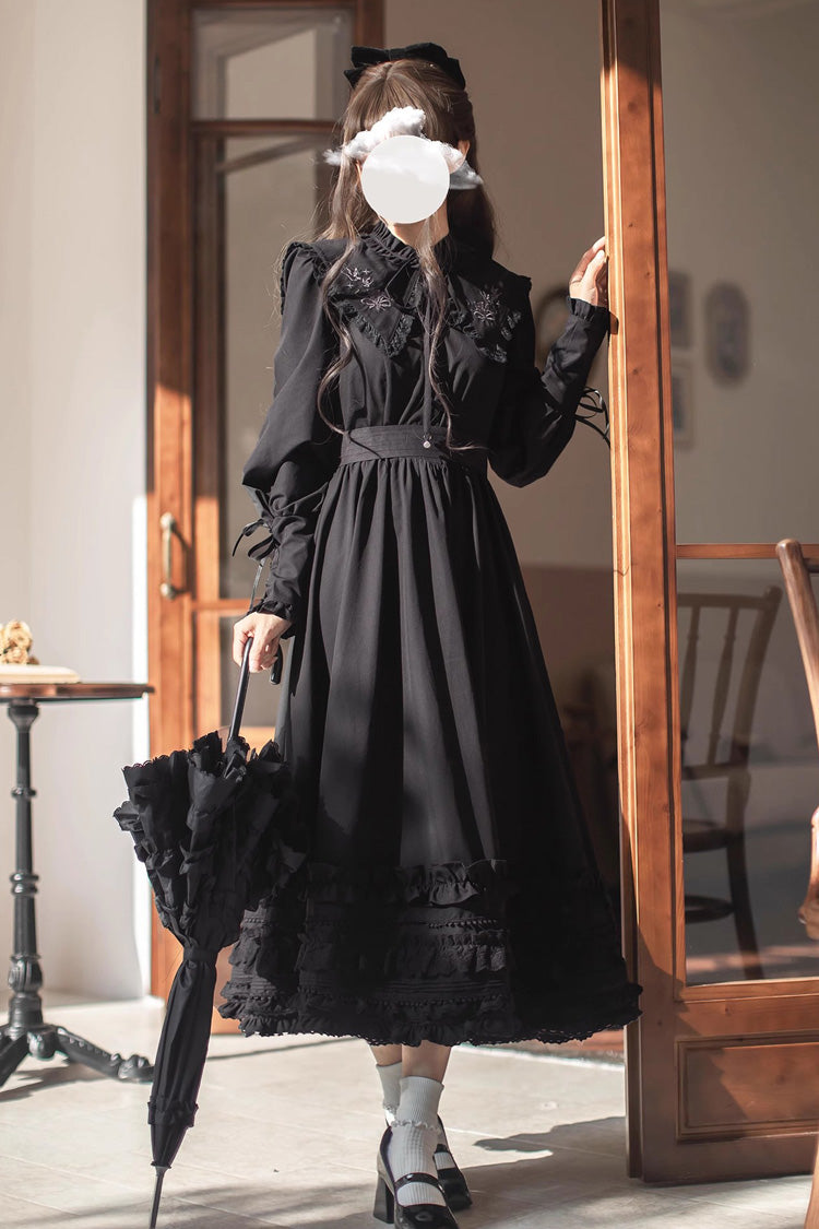 Black Wind Kissed Tulips Long Sleeves Ruffle Embroidery Bowknot Gothic Vintage Elegant Lolita Dress