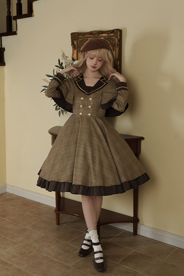 Brown Baker Street Stories Stripe Print Ruffle Fake Two Pieces British College Style Classic Lolita Dress