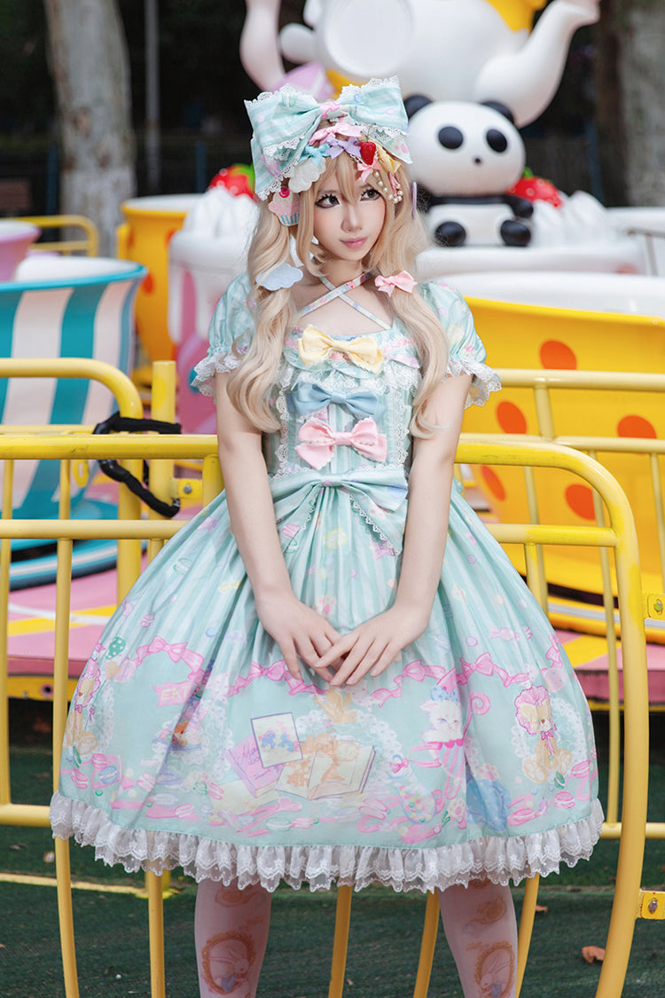 Macaron Dolly House Doll Collar Short Sleeves Print Bowknot Sweet Lolita Dress 3 Colors