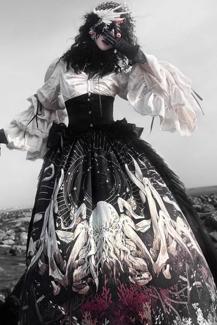 Black Reborn Ancient God Long Hime Sleeves Print Lace Gothic Lolita Skirt Dress Set