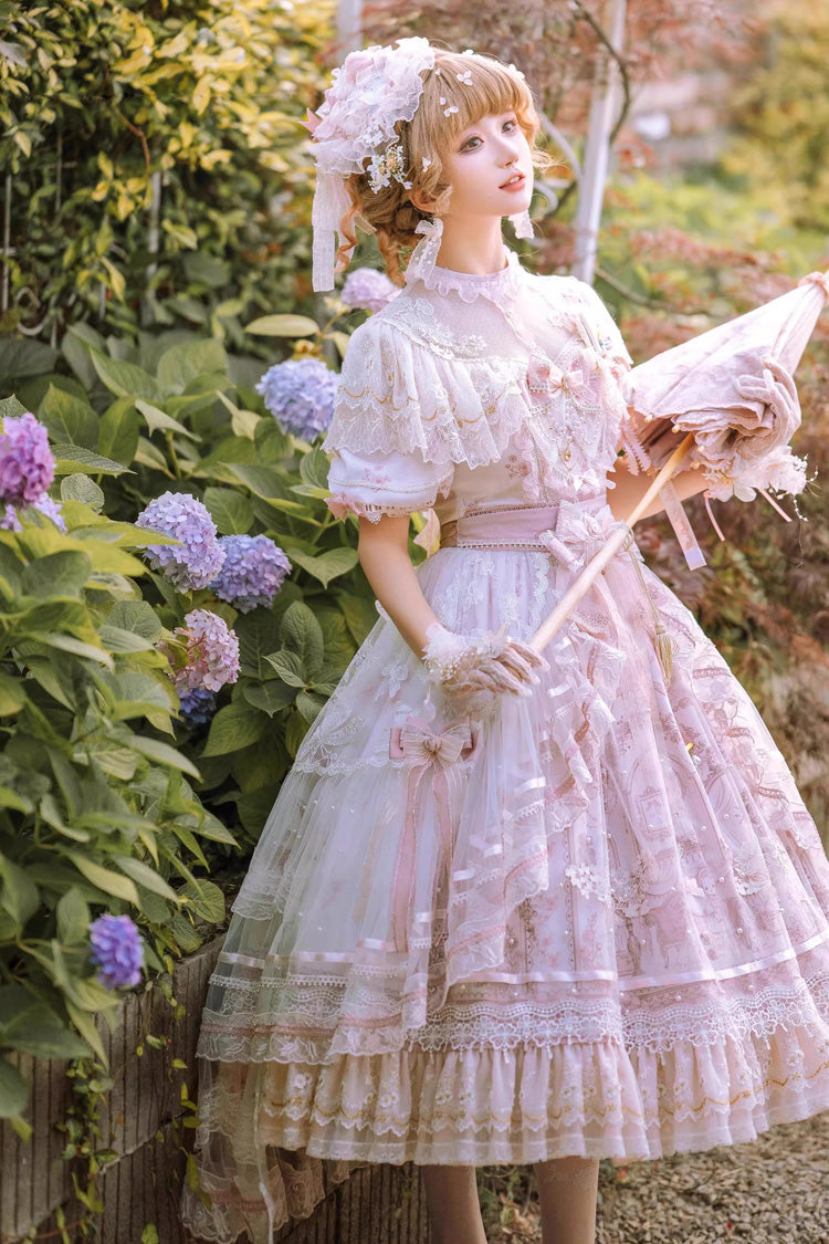 White/Pink Realm of Sunset Short Sleeves Printed Ruffled Hanayome Bow Lace Gorgeous Sweet Lolita Dress Set