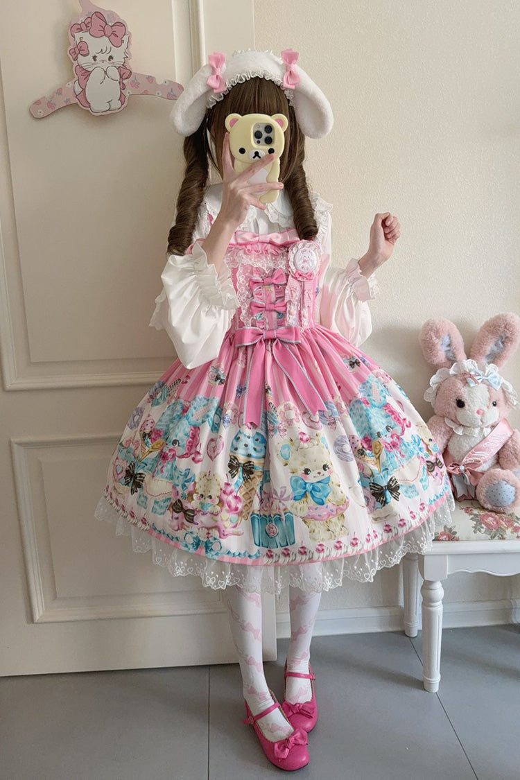 Pink Floral Whisper Bear Print Ruffle Bowknot Lace Sweet Princess Lolita Jsk Dress