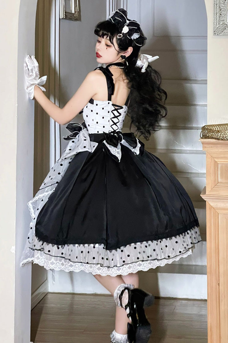 Black Polka Waltz Sleeveless Print Bowknot Stitching Lace Gothic Lolita Jsk Dress