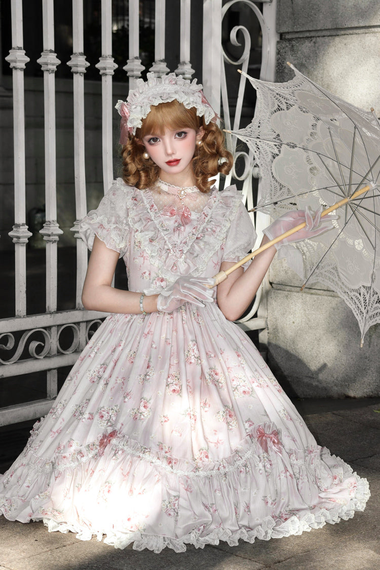 Daydream Rose Short Sleeves Floral Jacquard Print Ruffle Embroidery Bowknot Sweet Lolita Dress 3 Colors