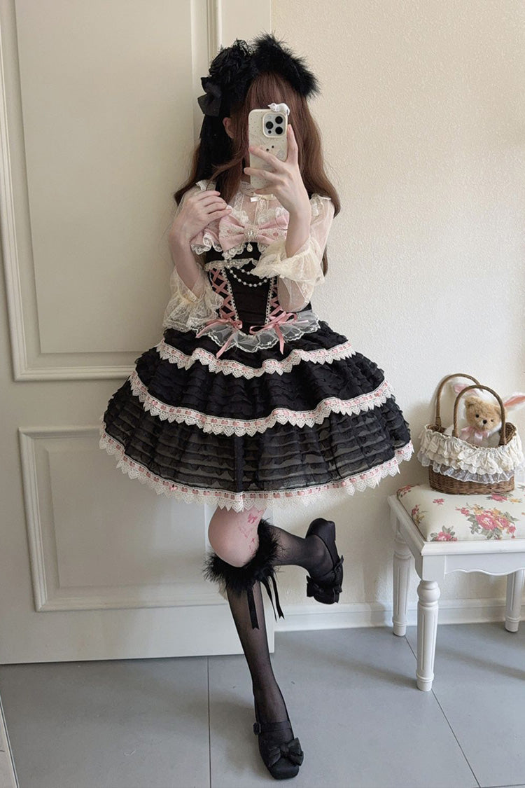 Black Song of Floral Letters Sleeveless Triple-Layered Bowknot Lace-Up Sweet Lolita Jsk Dress