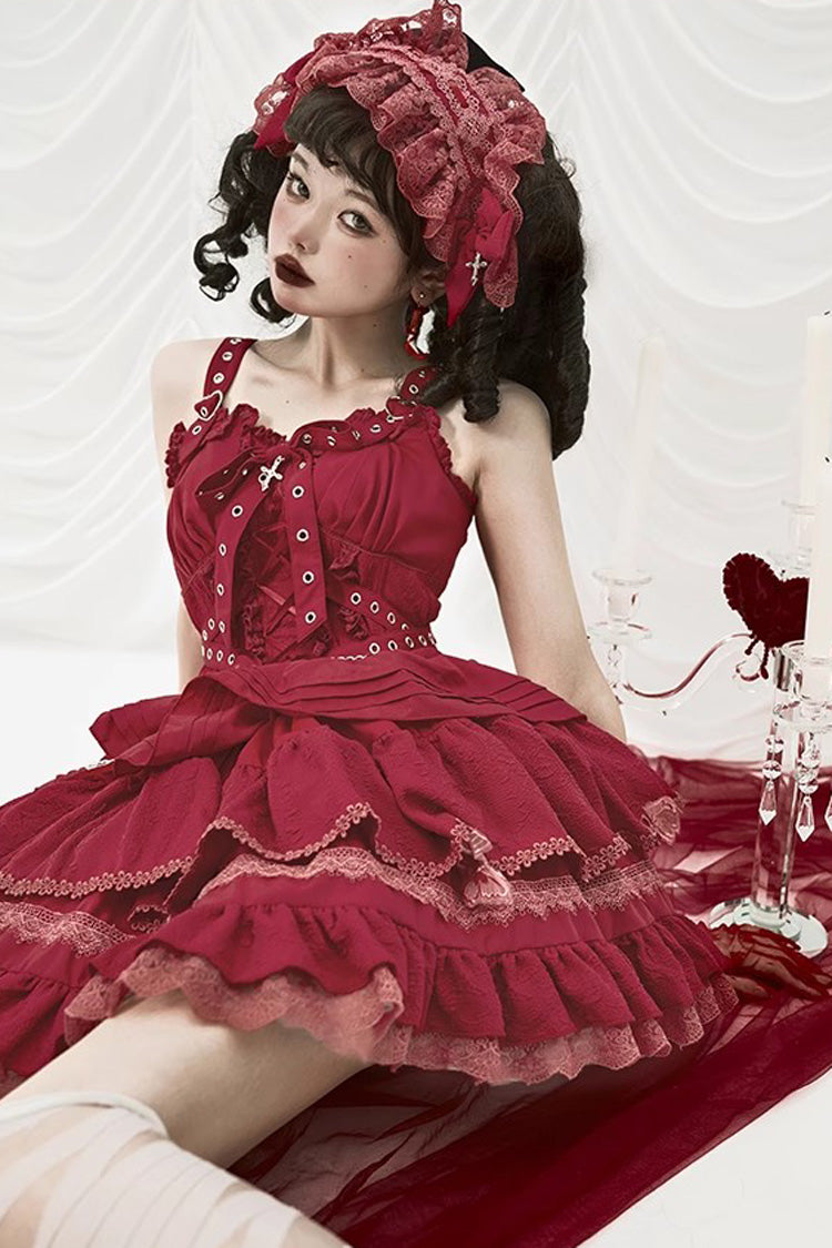 Covenant Cross Sleeveless Triple-Layered Ruffle Bowknot Lace-Up Gothic Lolita Jsk Dress 6 Colors