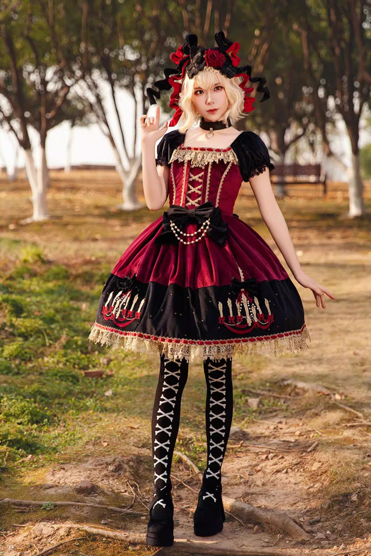 Chandelier Printed Sweet Short Sleeves Bow Lace-Up Pearl-Decorated Lolita Dress 4 Colors