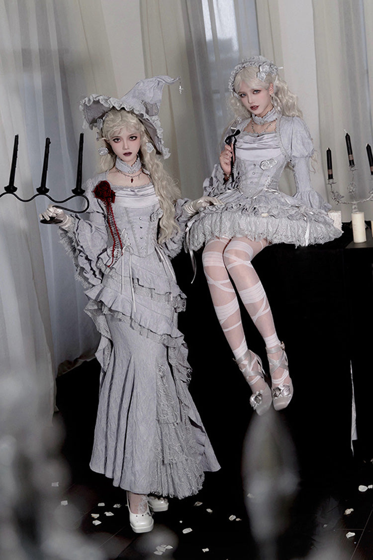 Silver Grey Twilight Ruffle Lace Irregular Gothic Witch Lolita Fishtail Skirt Set