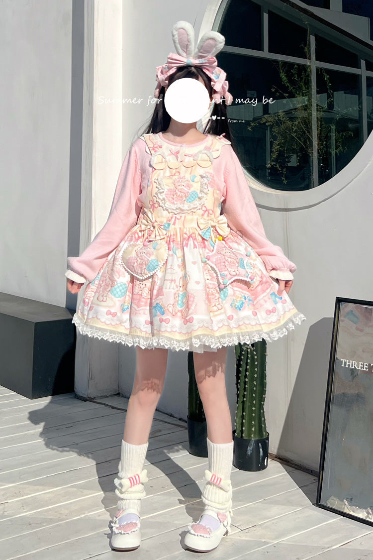 Kawaii Bears Print Yellow Bowknot Stitching Lace Sweet Lolita Strap Dress