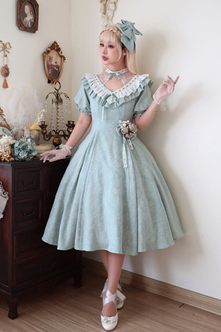 Green Short Sleeves Ruffle Bowknot Sweet Princess Lolita Dress